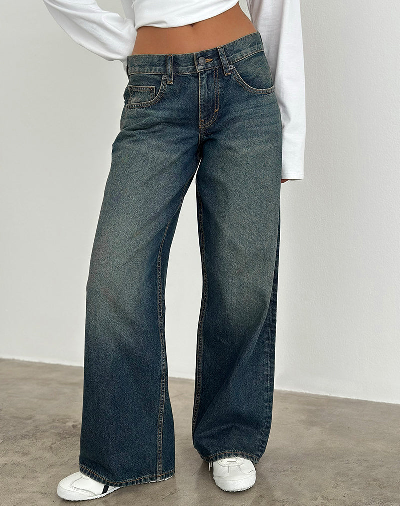 Jeans a vita bassa e ampia in verde sporco