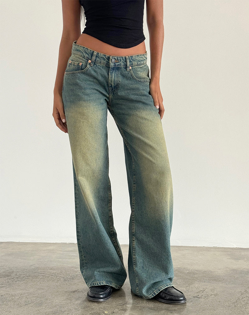 Jeans larghi extra a vita bassa in verde medio usato