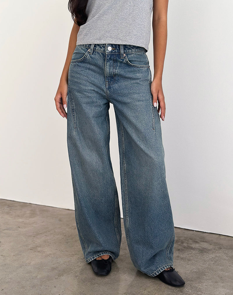Jeans larghi e poco spessi in blu e verde vintage