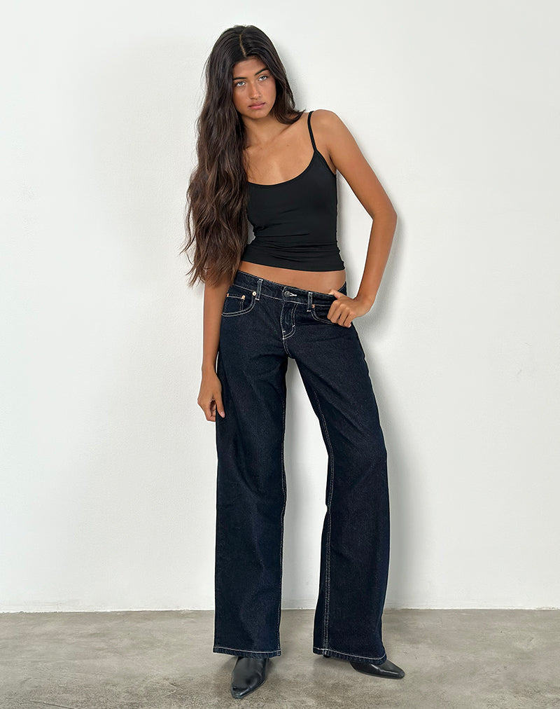 Jeans paralleli a vita bassa in indaco con cuciture a contrasto