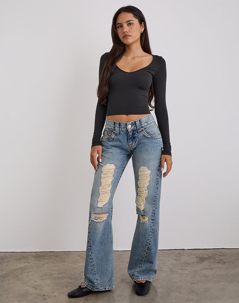 Jeans strappati a vita bassa con cuciture ritorte in True Blue
