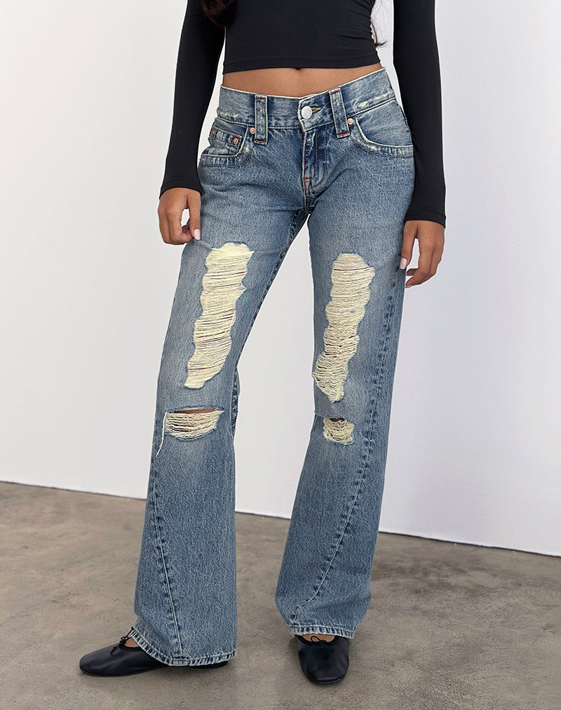 Jeans strappati a vita bassa con cuciture ritorte in True Blue