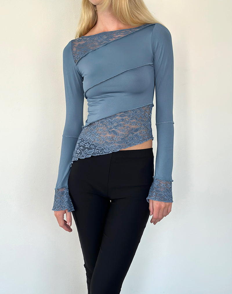 Lucca - Top a maniche lunghe in pizzo blu acciaio