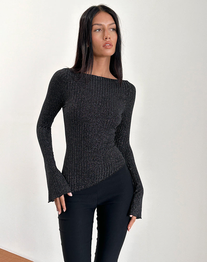 Top Lukia a maniche lunghe in jersey a righe metalliche nero