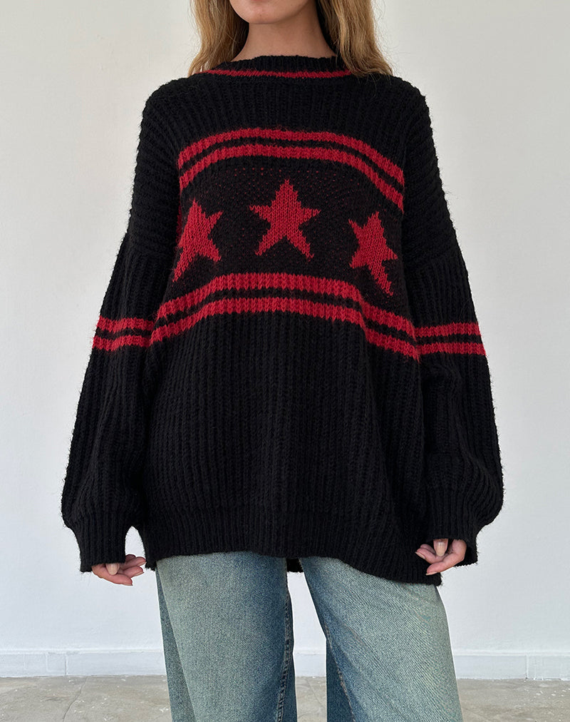Immagine di Lulees: maglione oversize nero con stelle e strisce rosse.