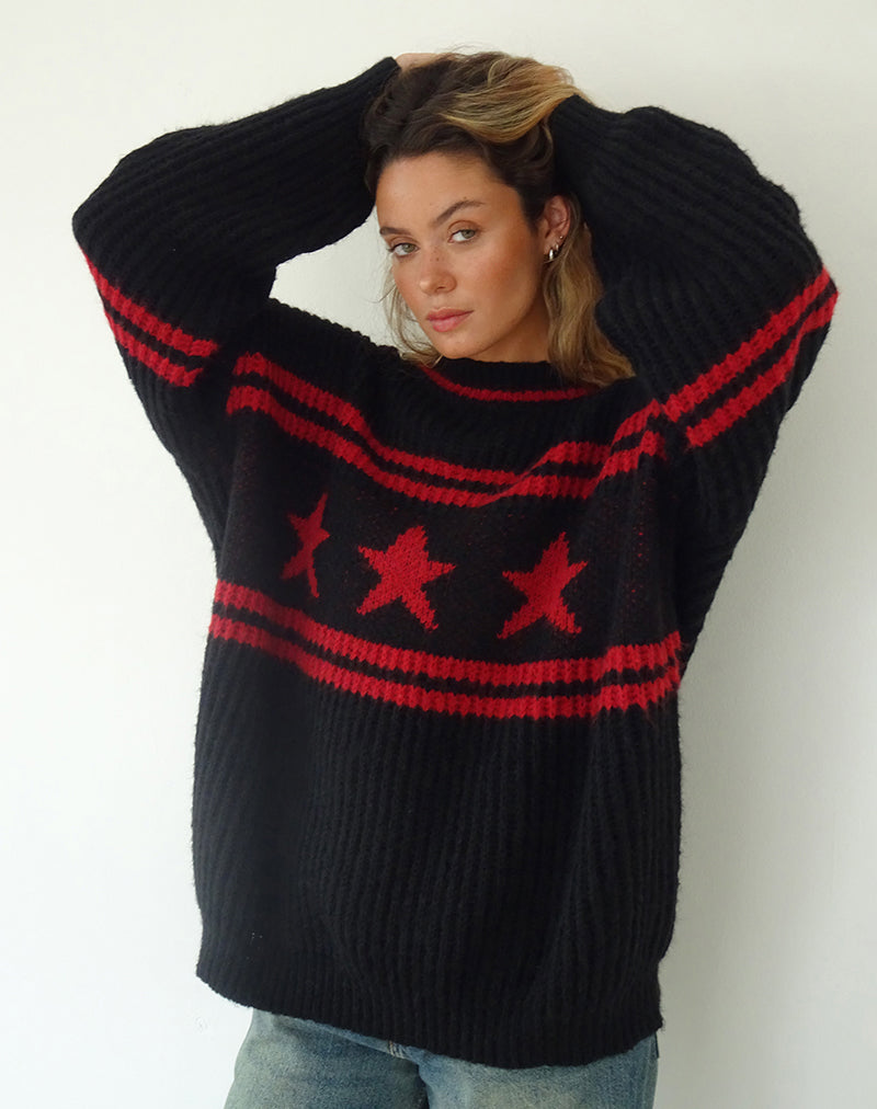 Immagine di Lulees: maglione oversize nero con stelle e strisce rosse.