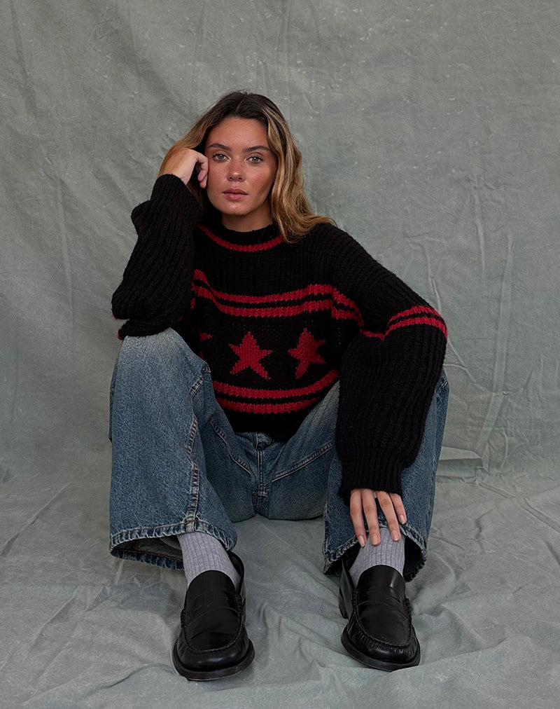 Immagine di Lulees: maglione oversize nero con stelle e strisce rosse.