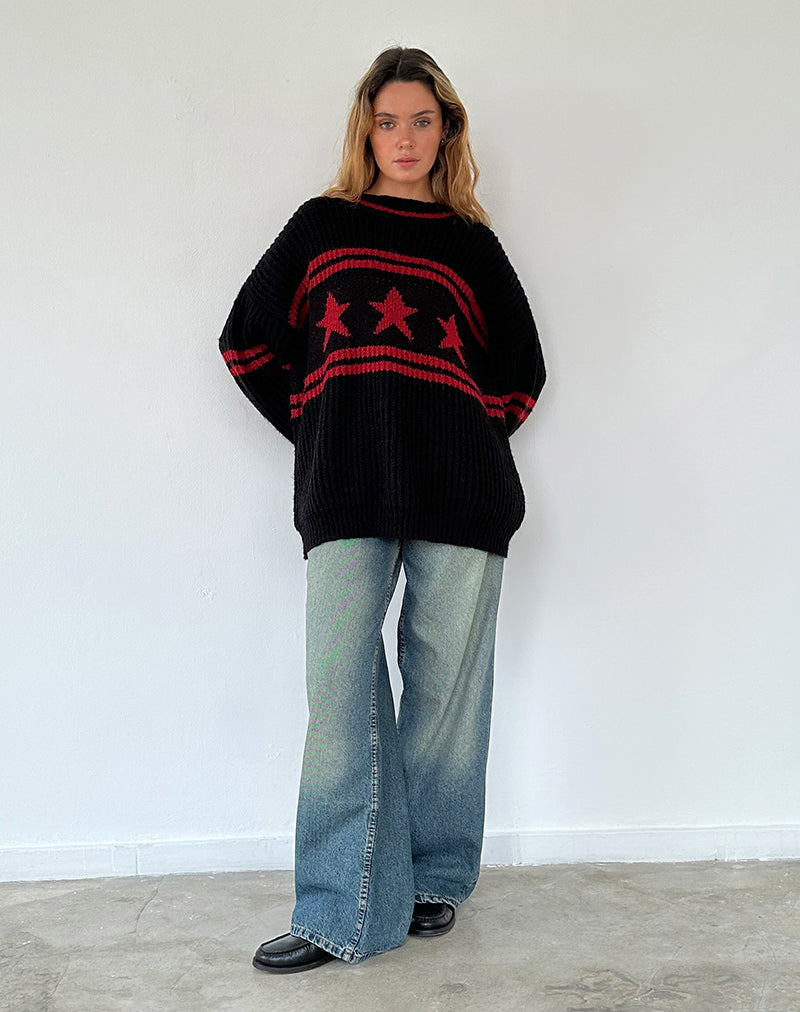 Immagine di Lulees: maglione oversize nero con stelle e strisce rosse.