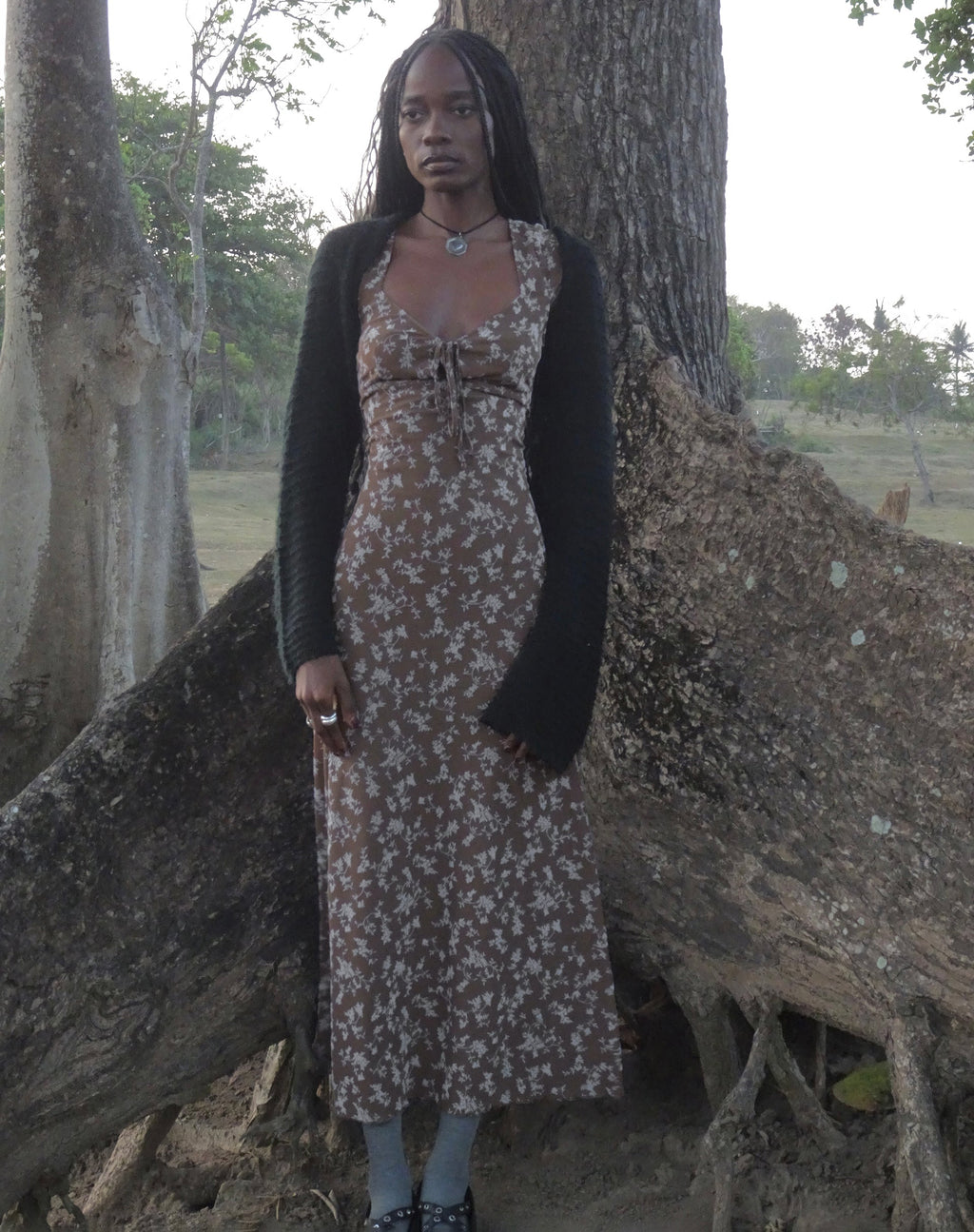 Lunama - Vestito midi in floccato botanico - Taupe scuro