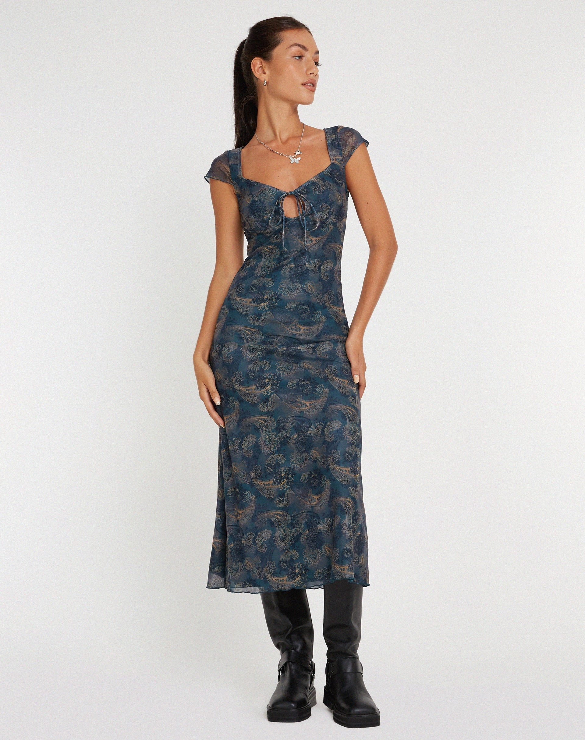 immagine di Lunama, abito midi in rete con motivo Paisley blu tonale