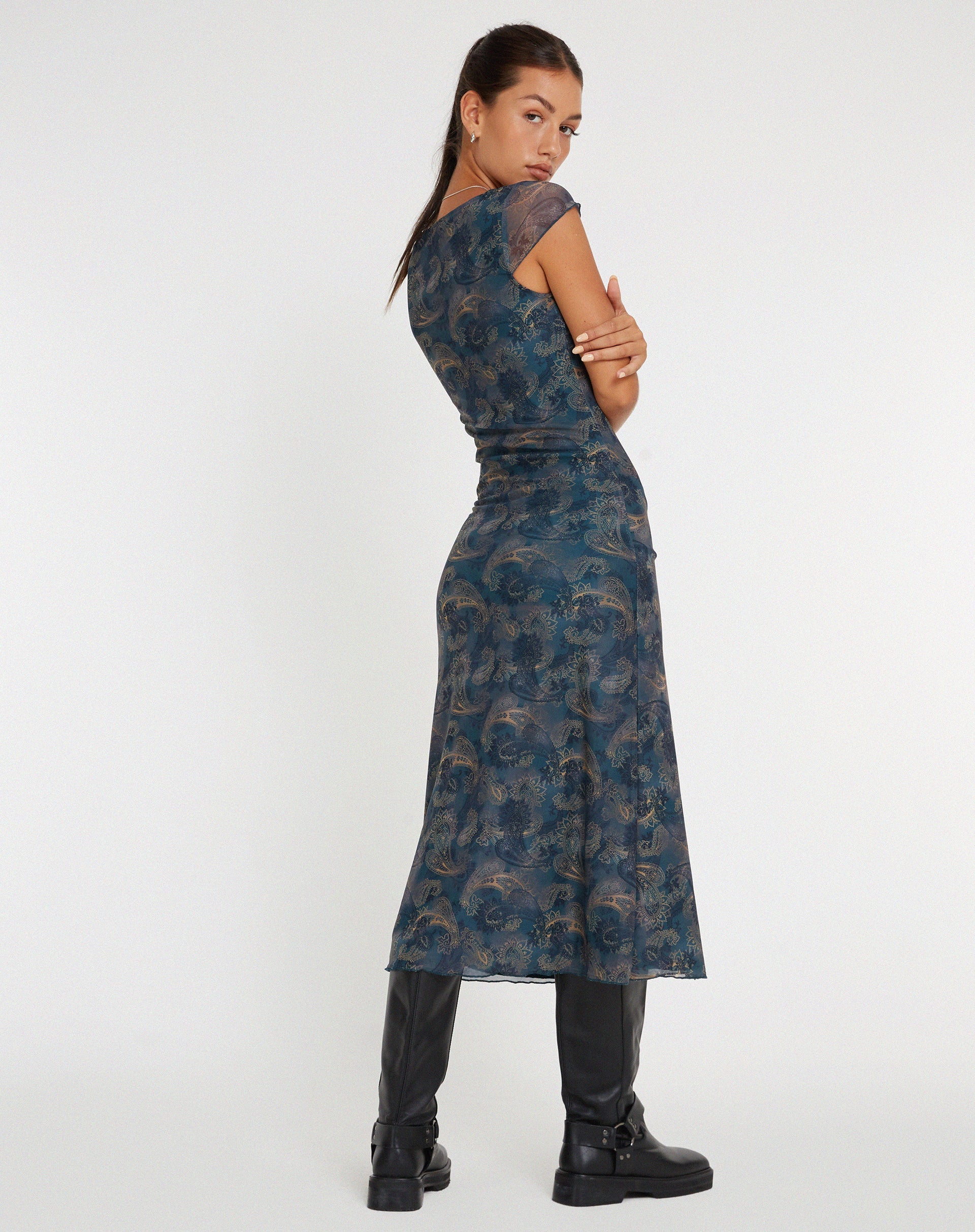 immagine di Lunama, abito midi in rete con motivo Paisley blu tonale