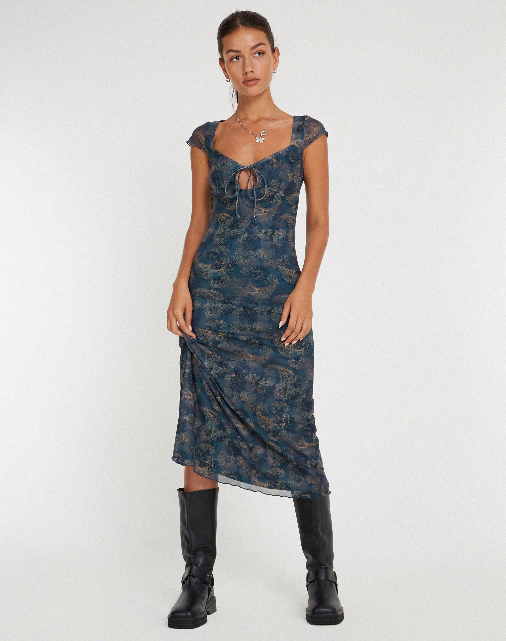 immagine di Lunama, abito midi in rete con motivo Paisley blu tonale