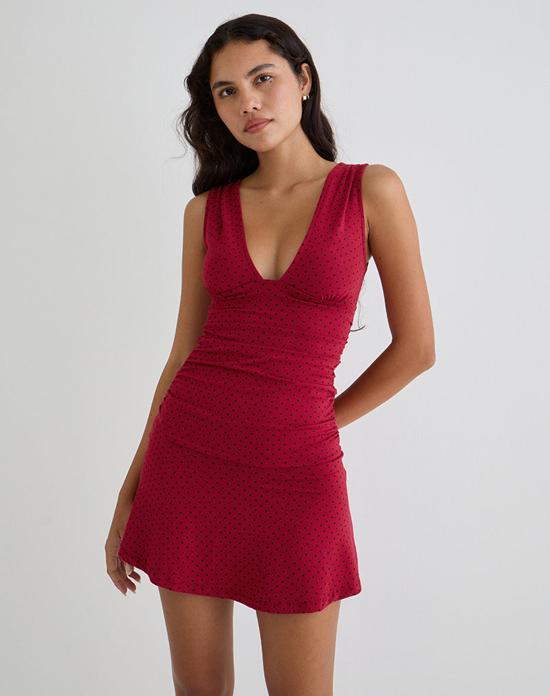 Immagine di Luscian Mini Dress in rosso con stampa a micropolka nera