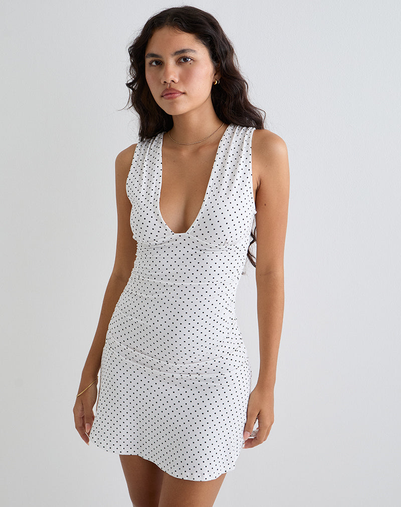 Mini abito Luscian Plunge in bianco con micro polka nero