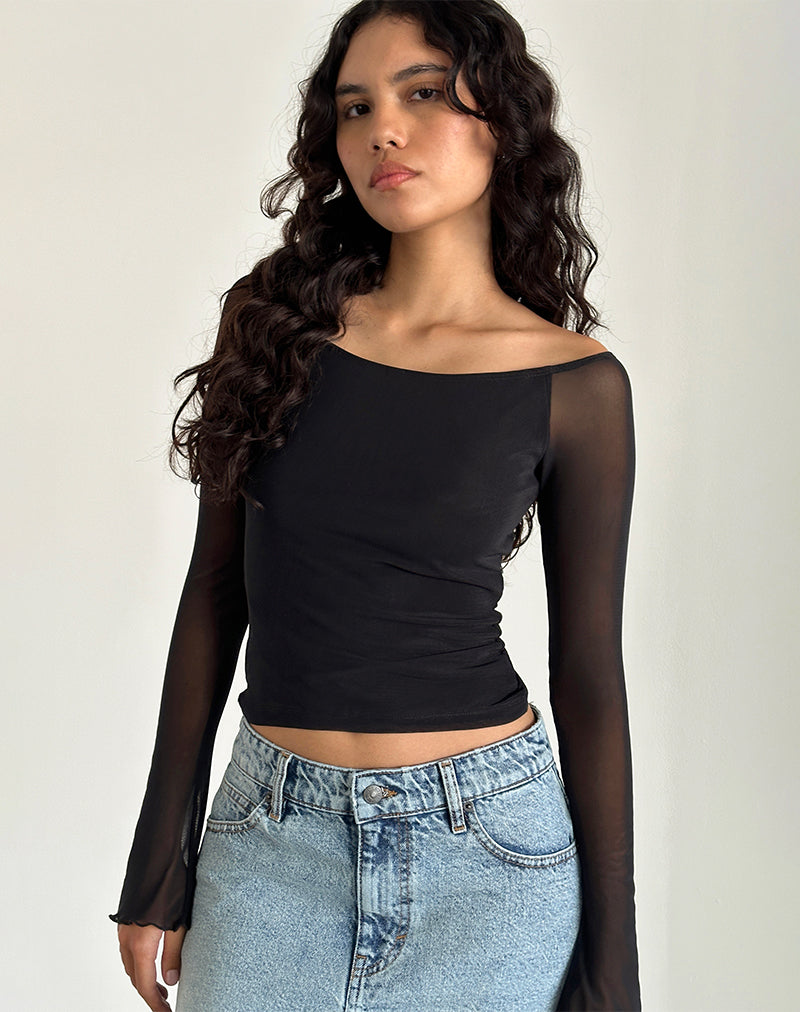 Top Lutana Bardot in mesh nero
