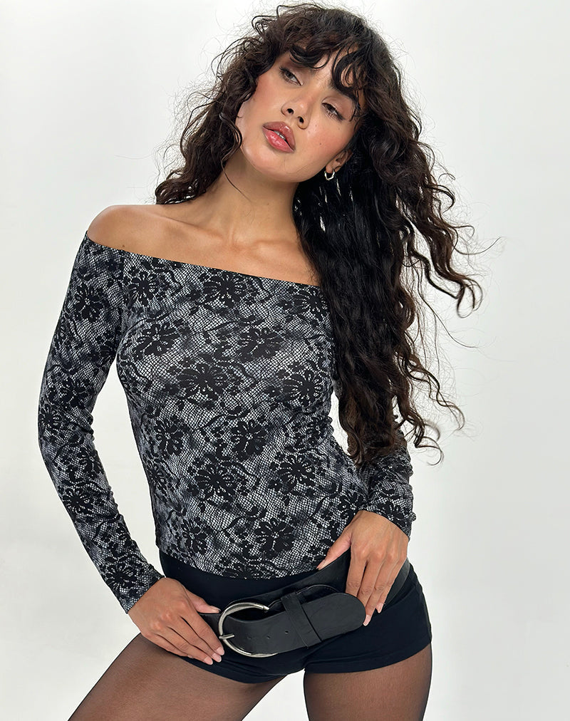 Top Lutana Bardot a manica lunga in grigio Midnight Floral