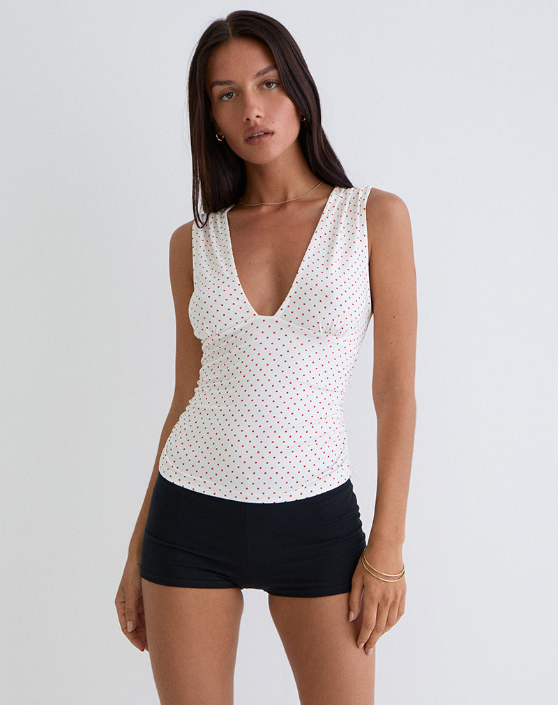 Top Lycia a immersione in bianco con stampa micropolka rossa