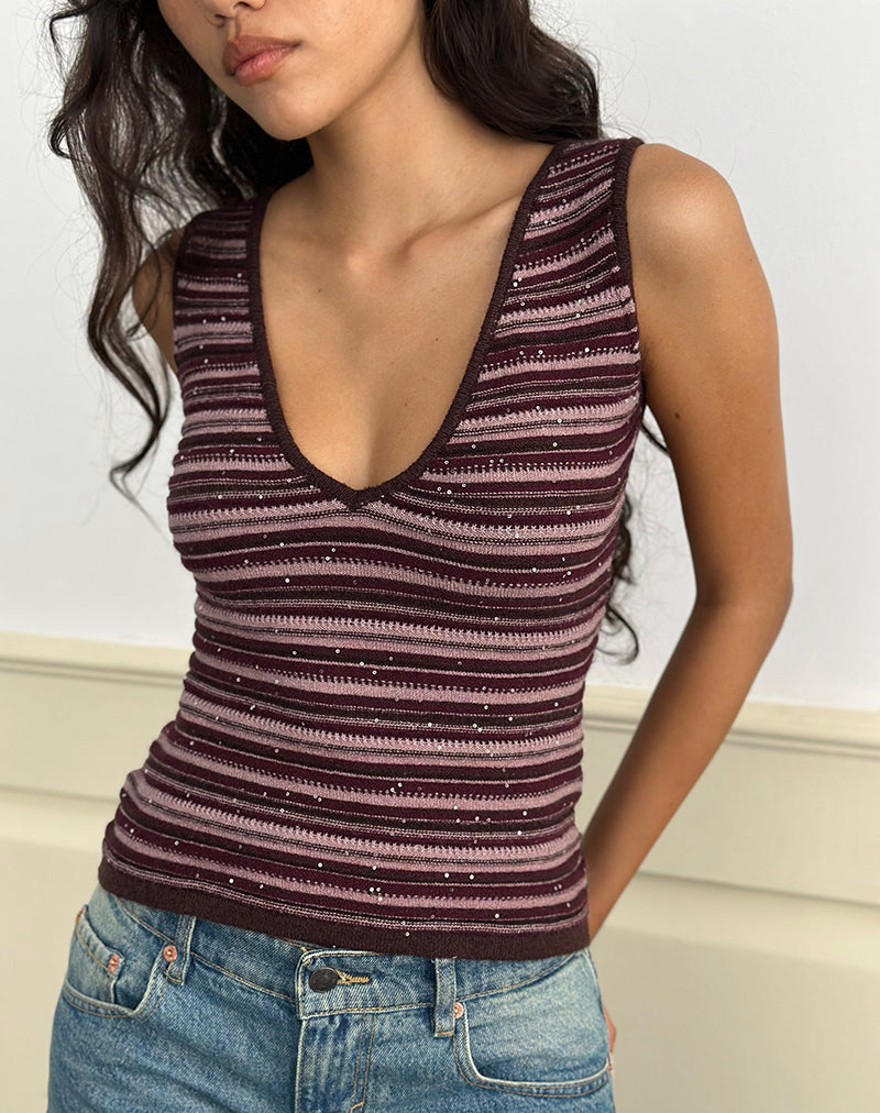 Top Lycia Plunge in maglia glitterata a righe viola