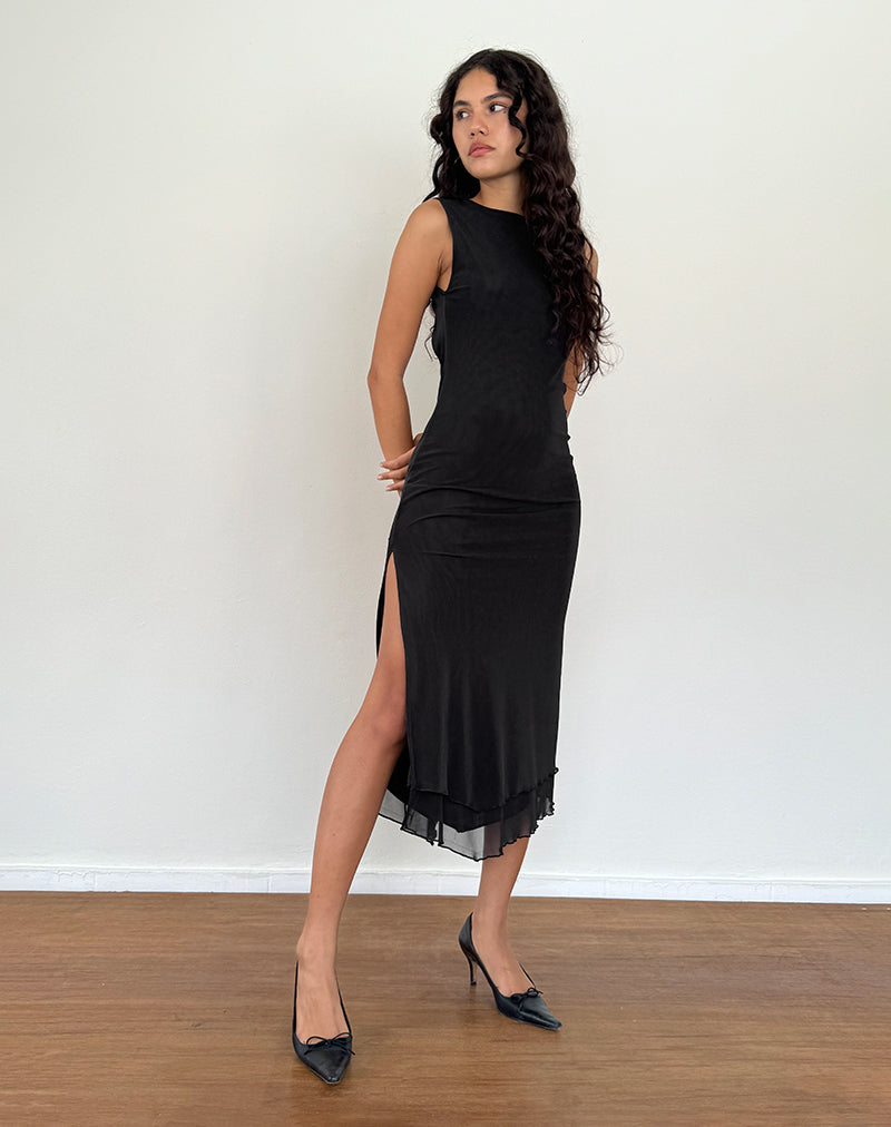 Lyra - Vestito midi senza schienale in mesh nero