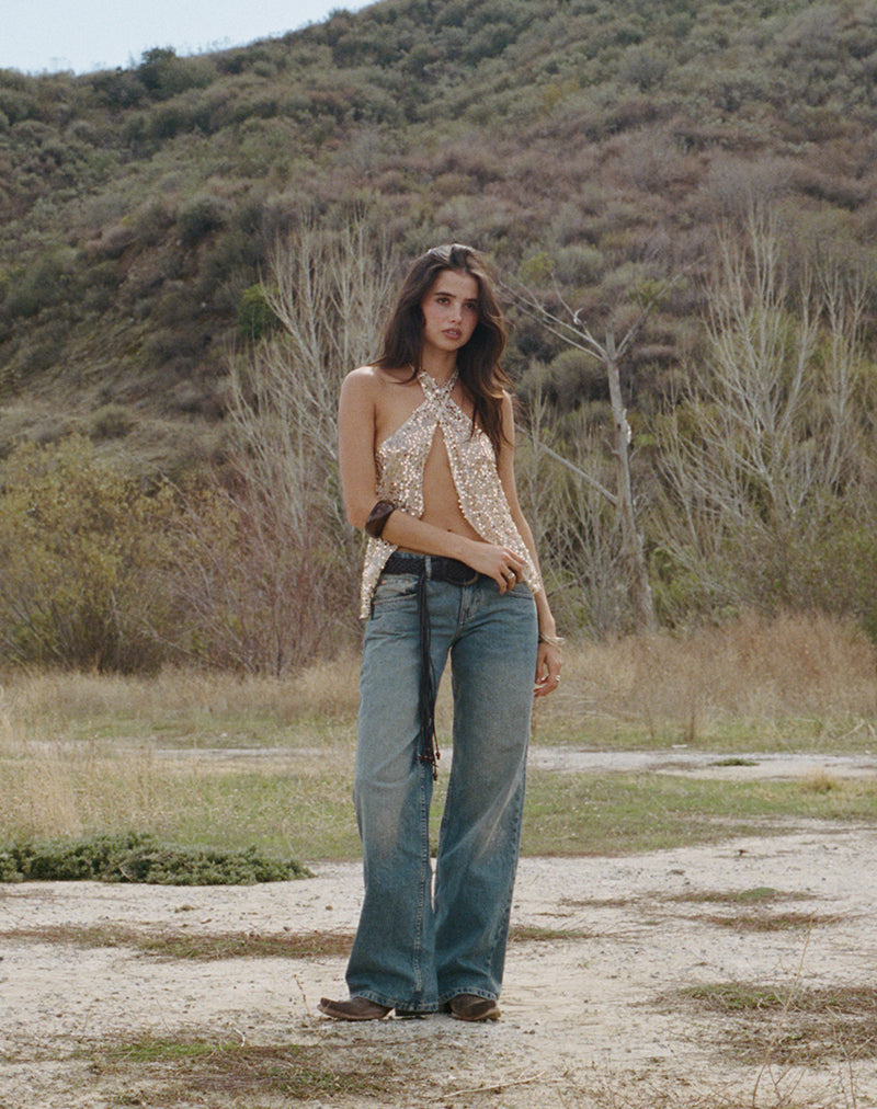 Jeans paralleli a vita bassa in blu estremo verde