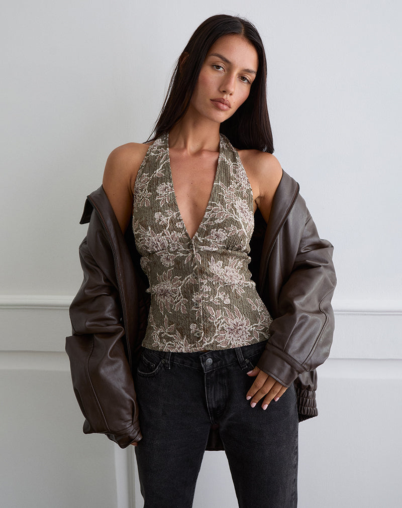 Top Mabli con scollo a mezzaluna in tessuto floreale strutturato verde