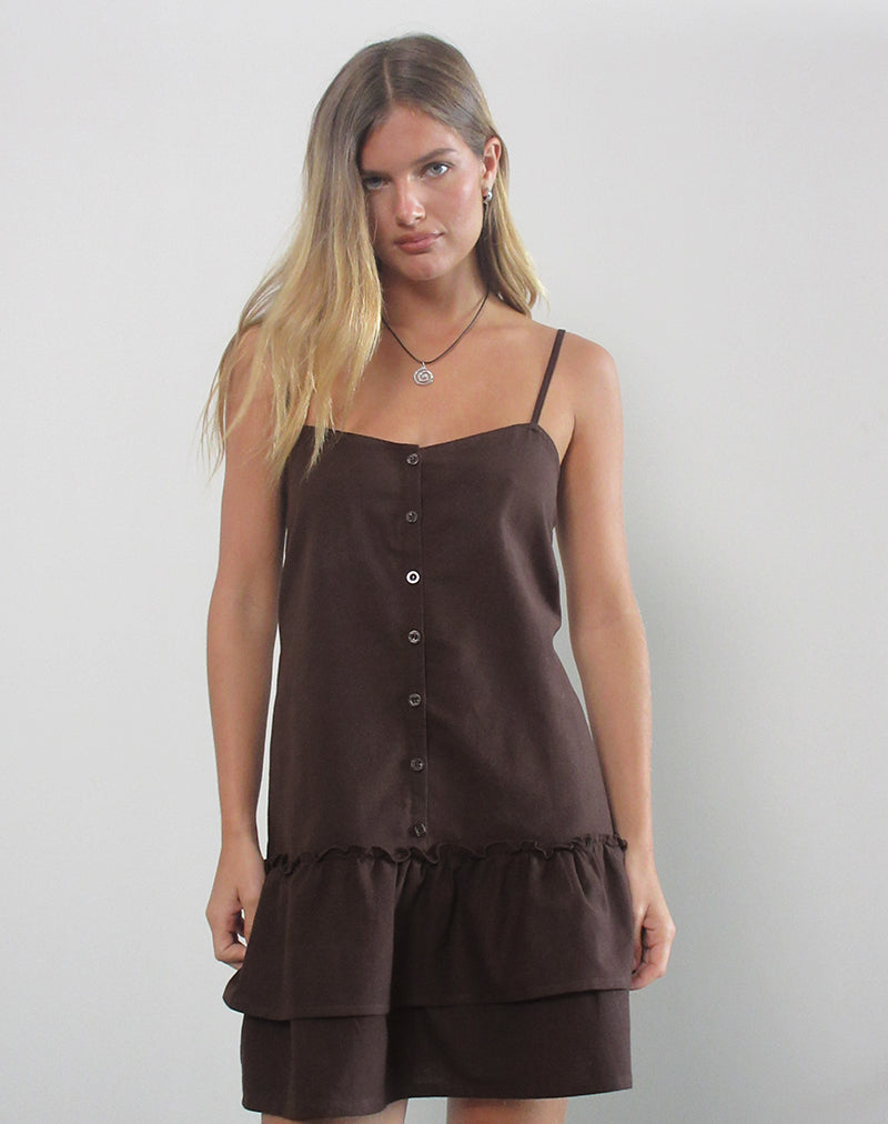 Immagine di Mailina Lino Button Up Mini Dress in marrone cioccolato