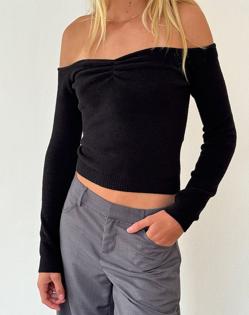 Makena - Maglia Bardot in nero spazzolato