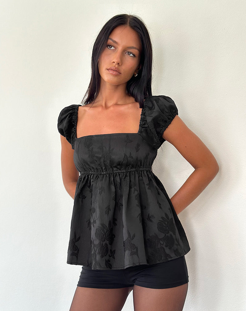 Top Malea Peplum in satin jacquard nero