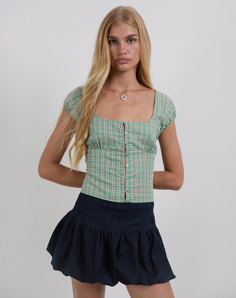 Immagine della blusa con bottoni Malsa Scoop in Teal Check