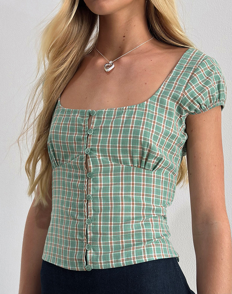 Immagine della blusa con bottoni Malsa Scoop in Teal Check