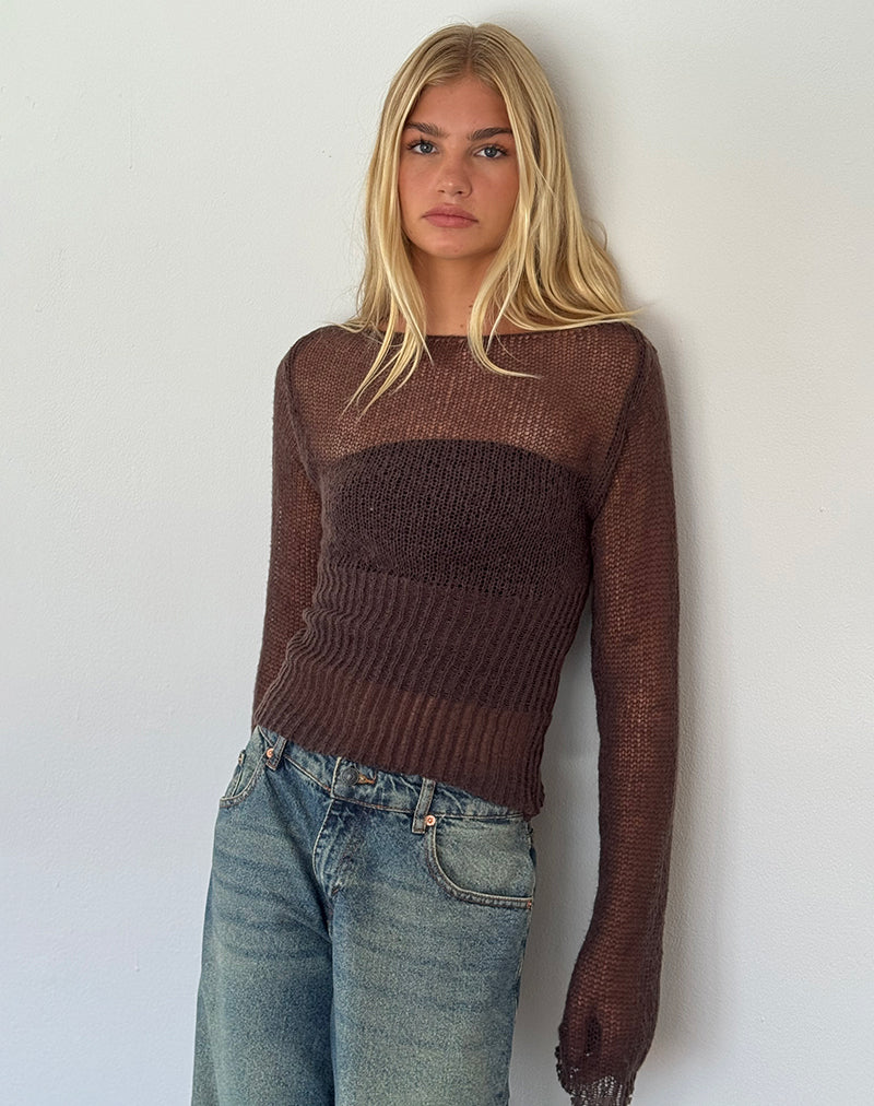 Immagine di Manon Top in maglia trasparente a maniche lunghe in marrone cioccolato