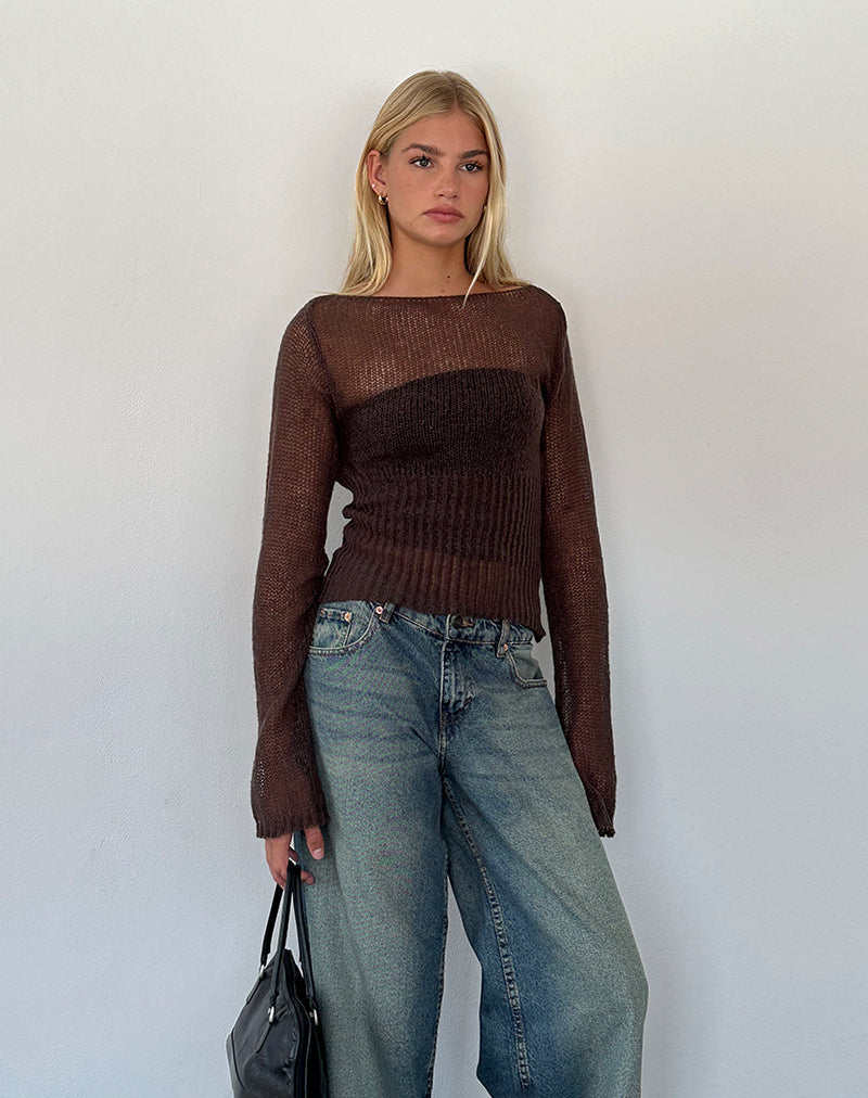 Immagine di Manon Top in maglia trasparente a maniche lunghe in marrone cioccolato