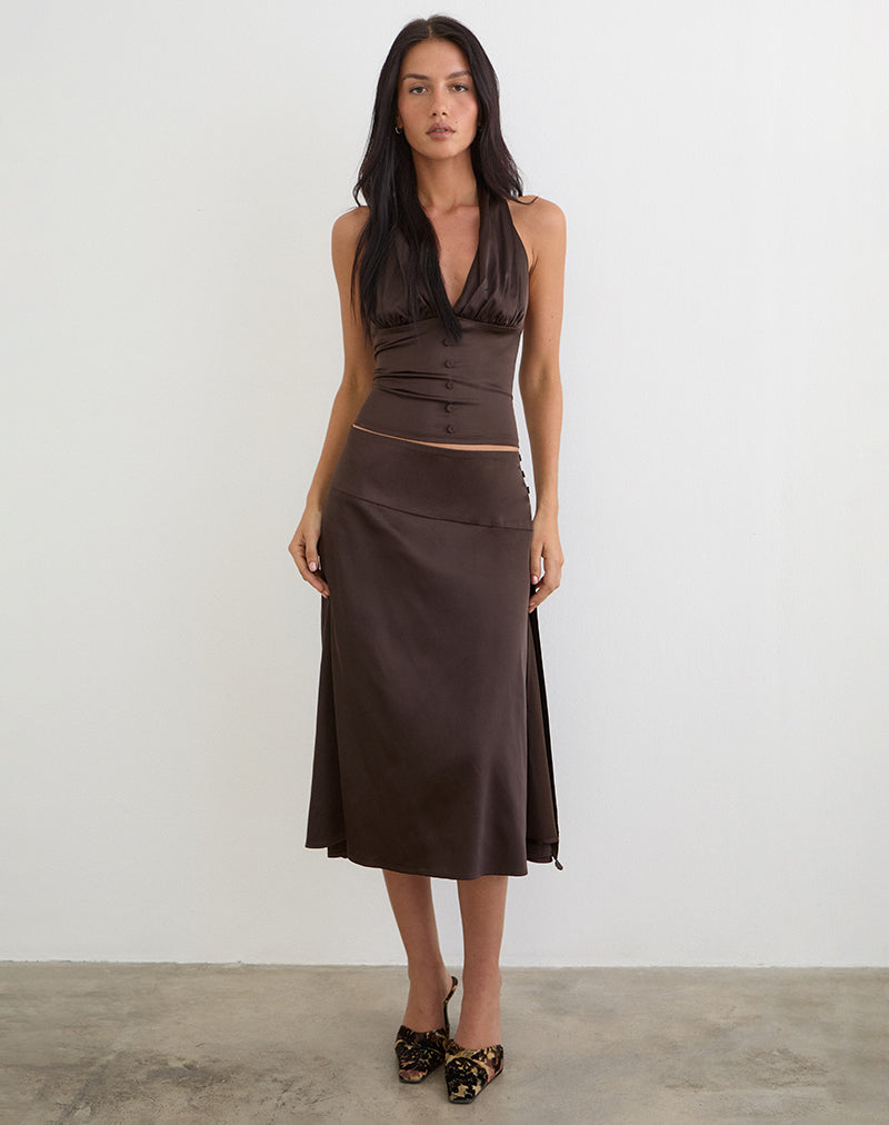 Immagine della gonna midi Manyala in raso marrone scuro