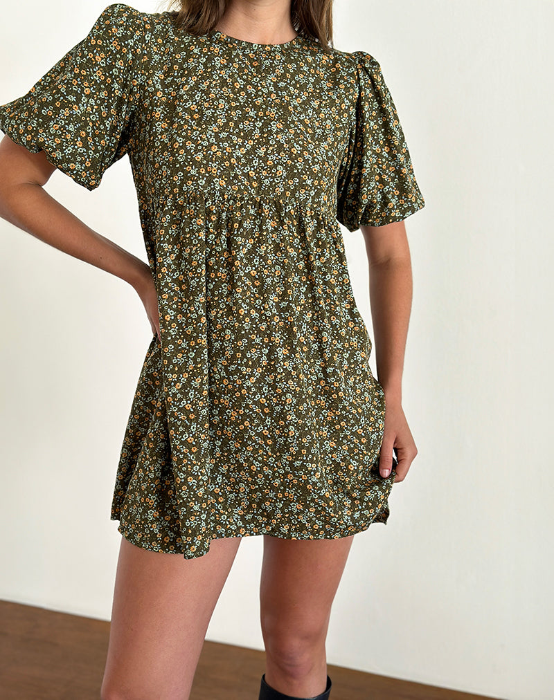 Immagine di Marate Mini abito con maniche a sbuffo in stile grunge floreale Khaki