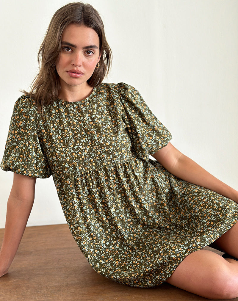 Immagine di Marate Mini abito con maniche a sbuffo in stile grunge floreale Khaki