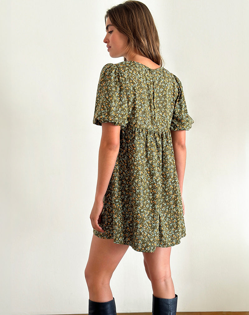 Immagine di Marate Mini abito con maniche a sbuffo in stile grunge floreale Khaki