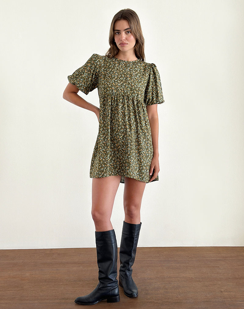 Mini abito con manica a sbuffo Marate in stile floreale grunge color kaki