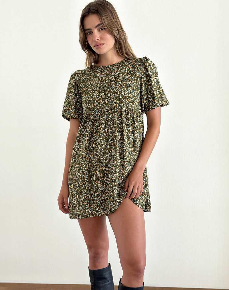 Immagine di Marate Mini abito con maniche a sbuffo in stile grunge floreale Khaki