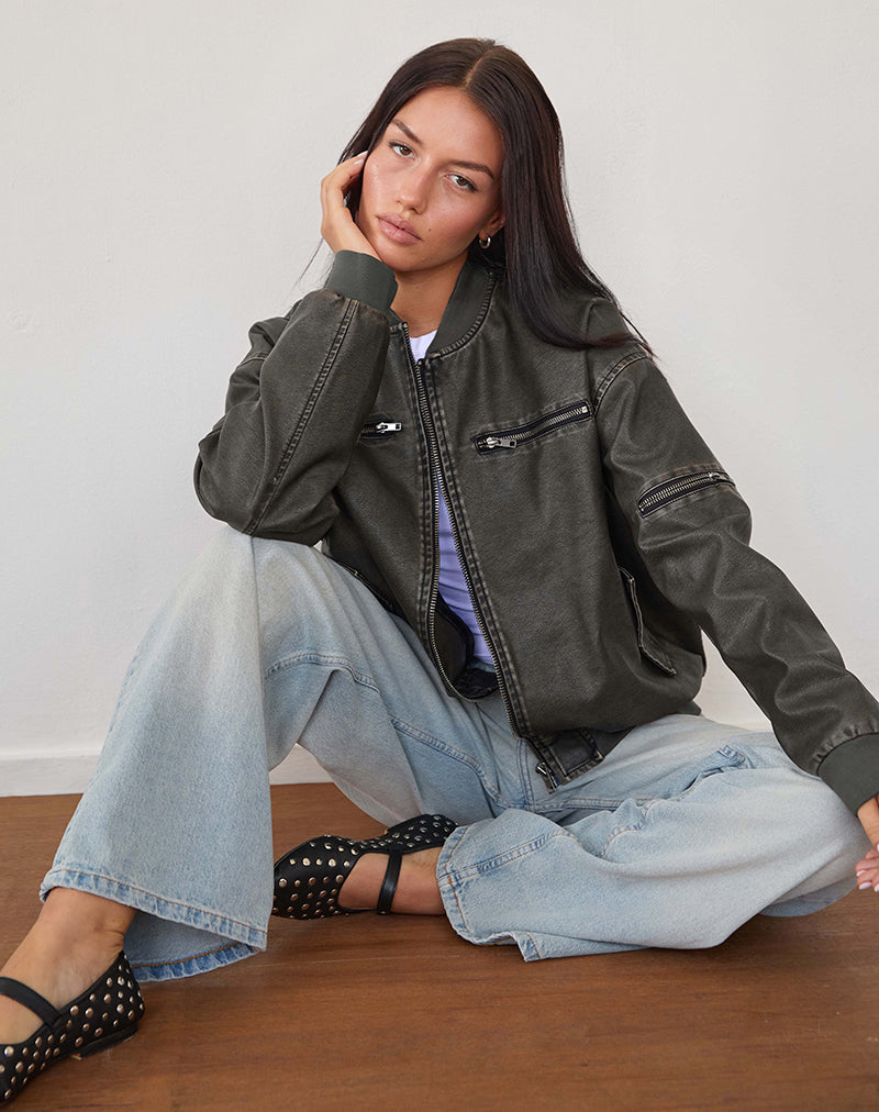 Immagine di Marco Distressed Bomber Jacket in PU Charcoal