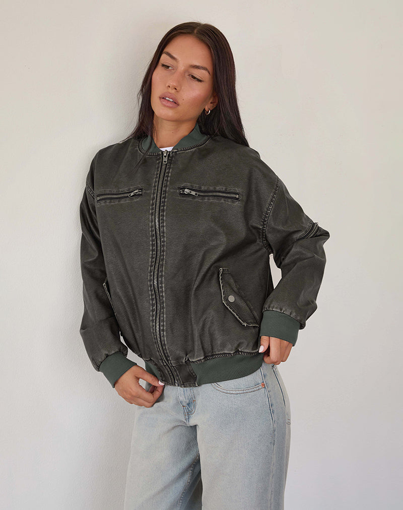 Immagine di Marco Distressed Bomber Jacket in PU Charcoal