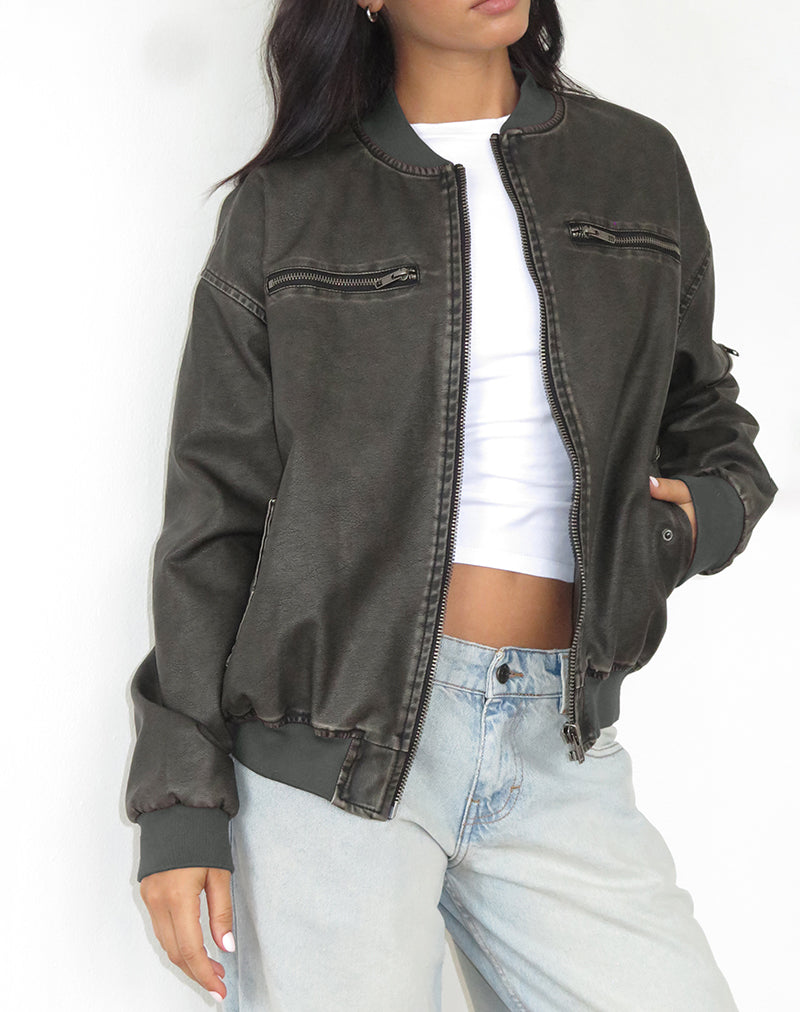 Immagine di Marco Distressed Bomber Jacket in PU Charcoal