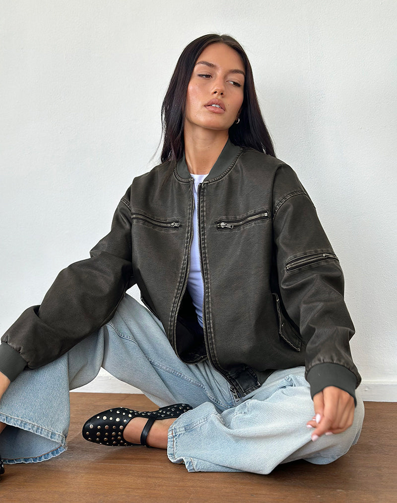 Immagine di Marco Distressed Bomber Jacket in PU Charcoal