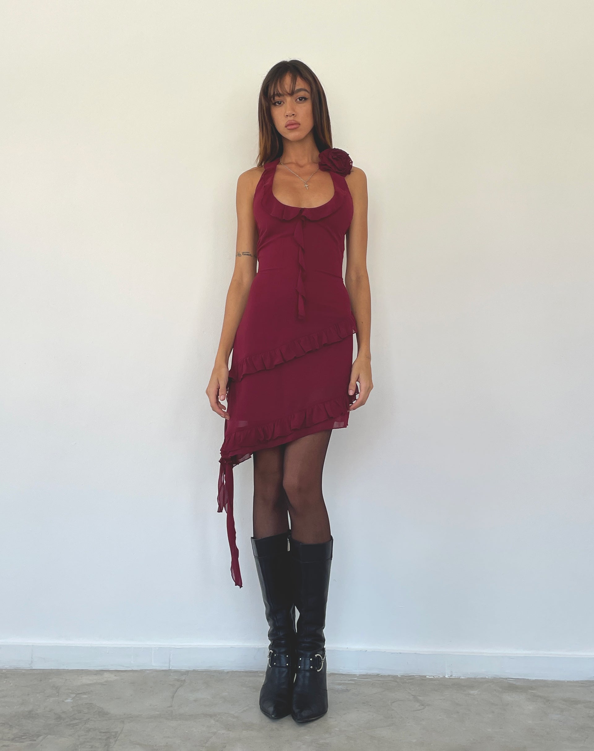 Immagine di Margaret Mini abito con volant in chiffon color prugna con rosetta