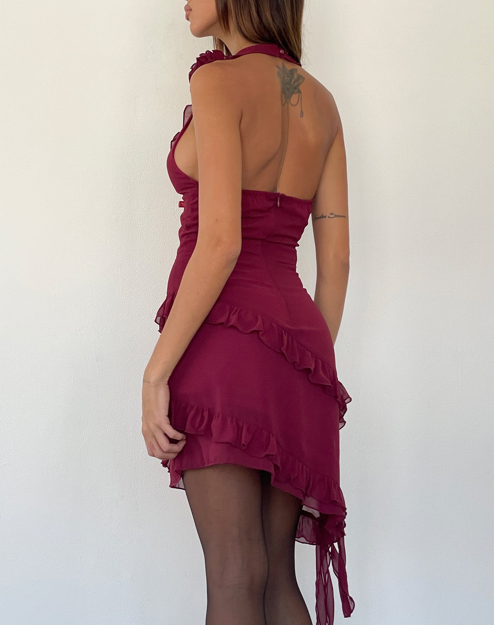 Immagine di Margaret Mini abito con volant in chiffon color prugna con rosetta