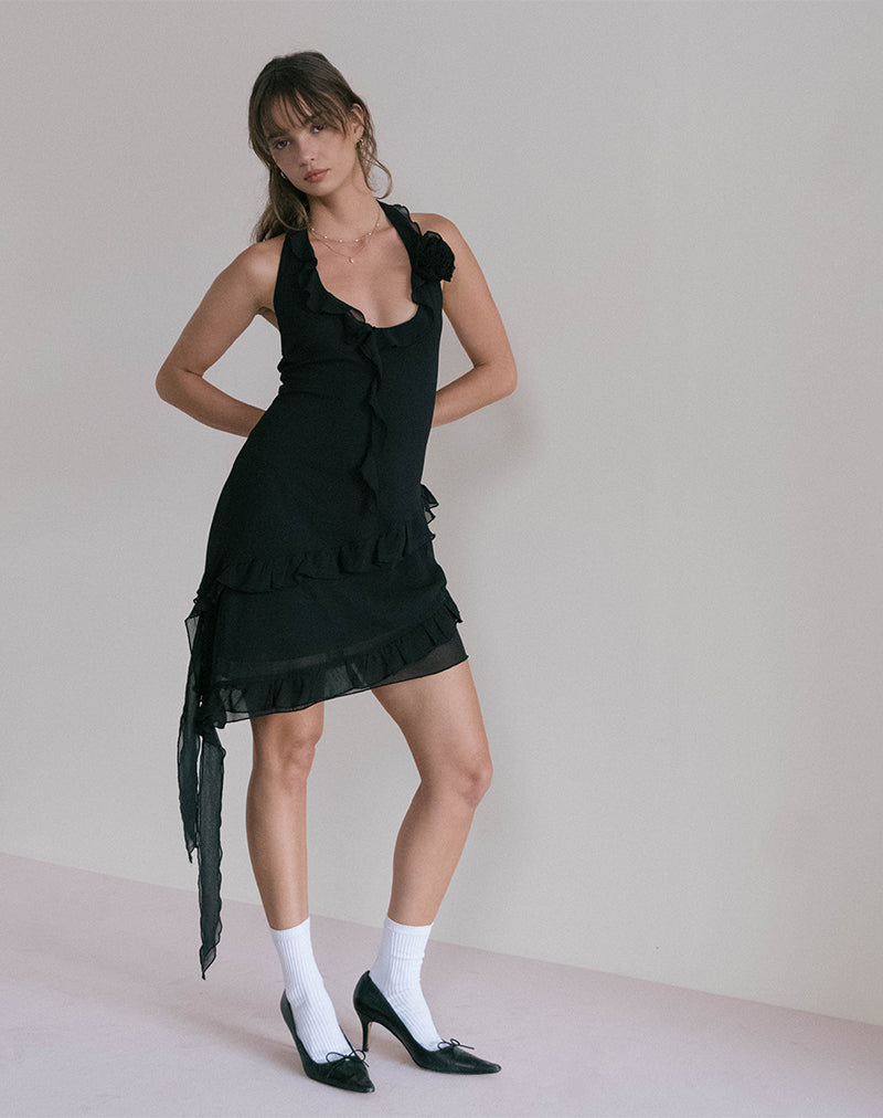 Mini abito Margaret con volant in chiffon nero e rosone