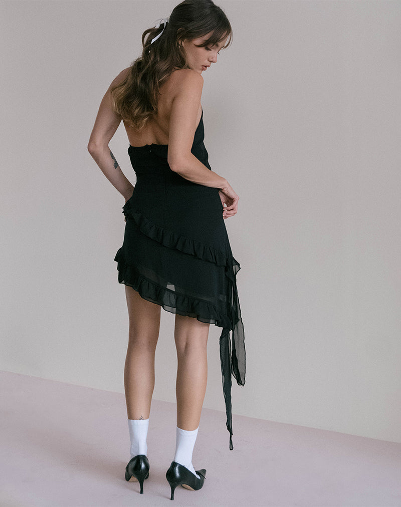 Mini abito Margaret con volant in chiffon nero e rosone