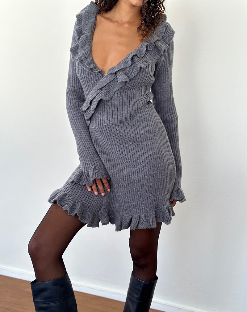 Immagine di Marianna Mini Dress in maglia a maniche lunghe in grigio scuro
