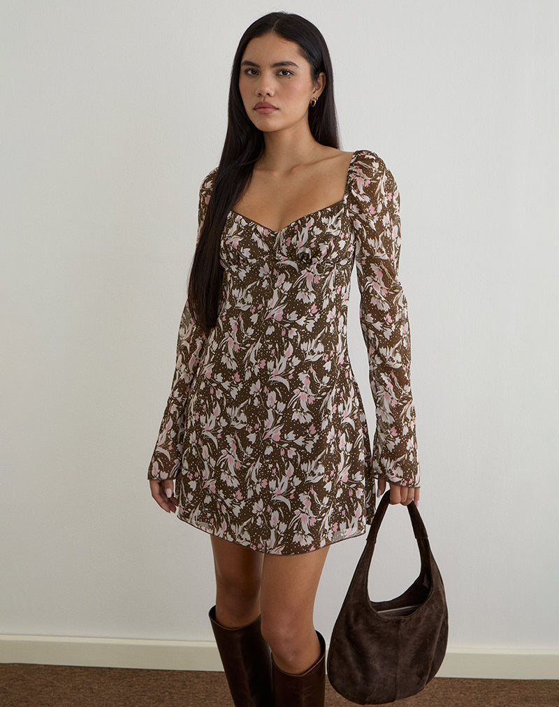 Abito Mariko in chiffon marrone e rosa a fiori polka
