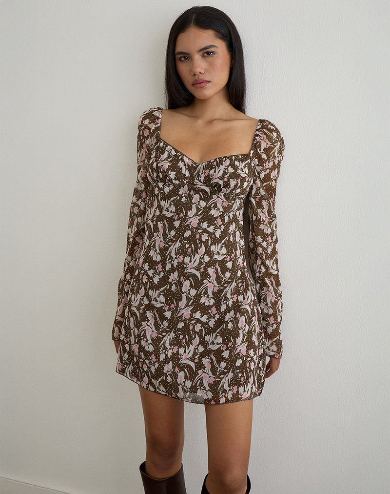 Immagine dell'abito Mariko in chiffon marrone e rosa a pois
