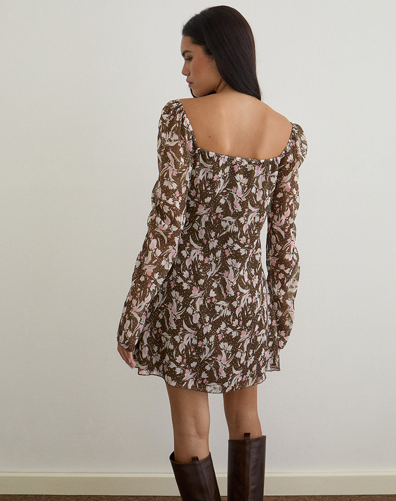 Immagine dell'abito Mariko in chiffon marrone e rosa a pois